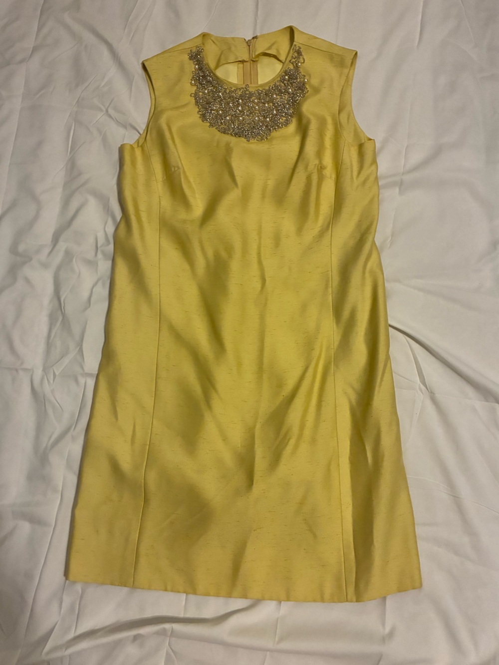 Vintage Shantung Sleeveless Yellow Embellished Neck Shift Dress….Gorgeous